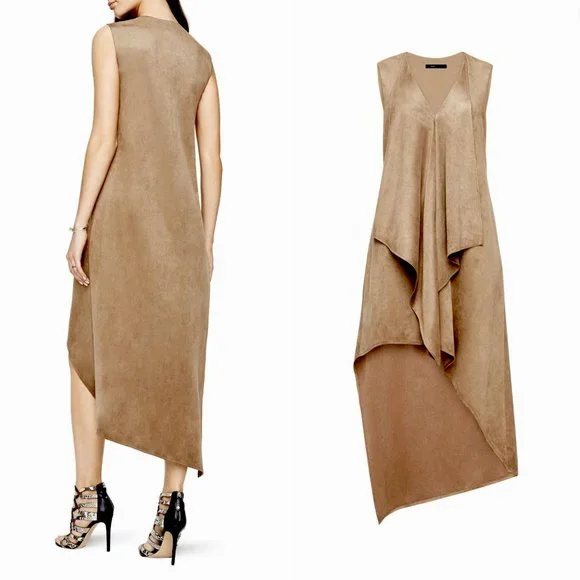 BCBGMAXAZRIA Trar Faux-Suede V-Neck Sleeveless Asymmetrical Women's Dress - Picture 3 of 12